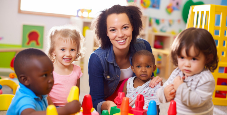 A smiling Child Care Worker is surrounded by four young children playing with colorful toys in a bright, cheerful classroom setting. The children appear engaged and happy, showcasing the joy of this dream job.