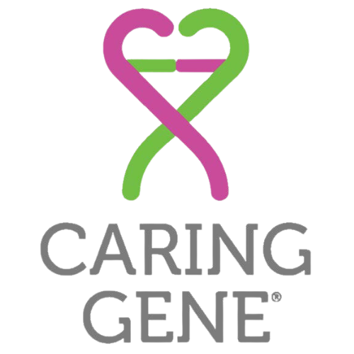 Logo featuring a pink and green DNA strand shaped like a heart above the words "CARING GENE" in gray, uppercase letters.