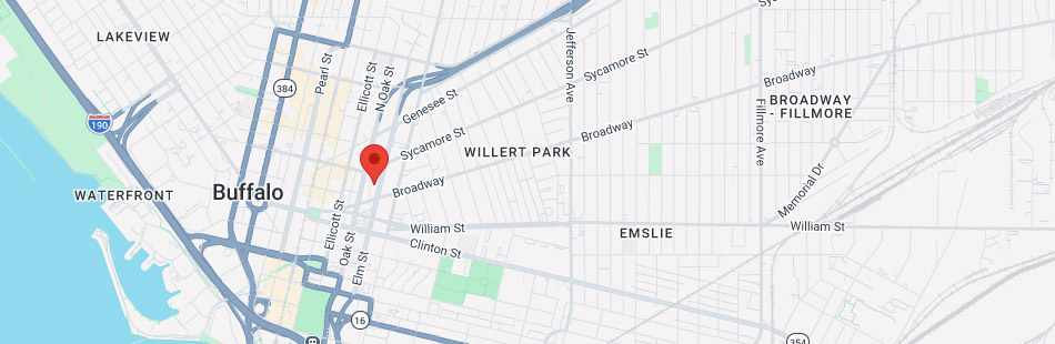 A map of Buffalo, New York, highlighting the downtown area and nearby neighborhoods. A red location marker is placed near the intersections of Broadway and Elm Street. Major streets and parks are visible.