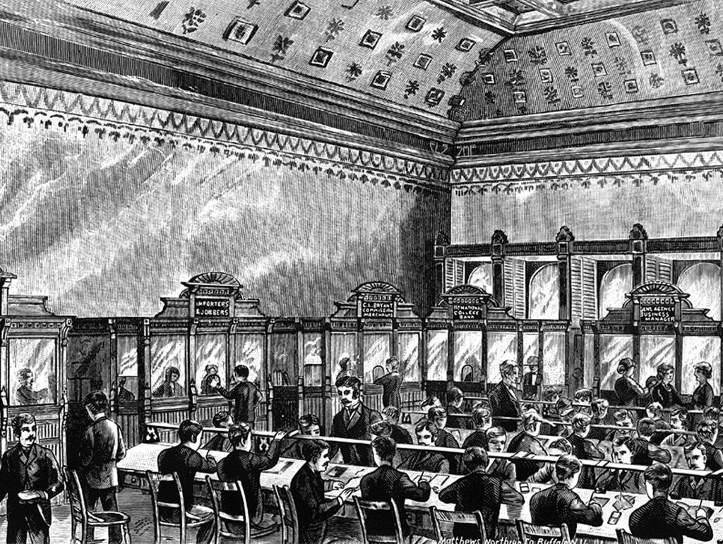 A vintage illustration of a busy bank interior with clerks at counters assisting customers under a high, decorated ceiling.