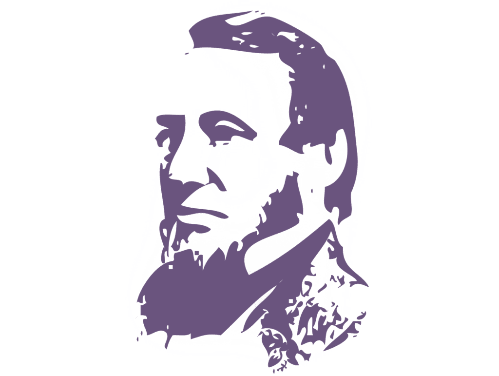 Illustration of a man with a beard and mustache, facing left, drawn in shades of purple.