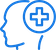Icon of a human profile with a magnifying glass showing a medical cross, symbolizing mental health or medical research.