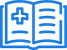 Blue icon of an open book with a medical cross and lines representing text on the pages.