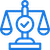 Blue icon of balanced scales with a checkmark in the center, representing justice or legal approval.
