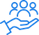 Blue icon of three people above an outstretched hand, symbolizing support and community care.