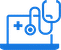 Icon of a blue laptop with a stethoscope and a medical cross on the screen, representing online healthcare services.