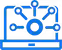 Icon of a blue laptop with a central gear and network nodes representing connectivity or network management.