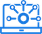 Icon of a blue laptop with a central gear and network nodes representing connectivity or network management.