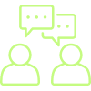 Two outlined figures having a conversation with overlapping speech bubbles above their heads.