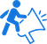 Blue icon of a person running with a megaphone, indicating the act of promoting or spreading information loudly.