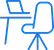 Blue icon of a desk with a computer and a chair.