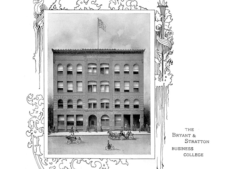 Black-and-white drawing of a multi-story building with an American flag, labeled as The Bryant & Stratton Business College.