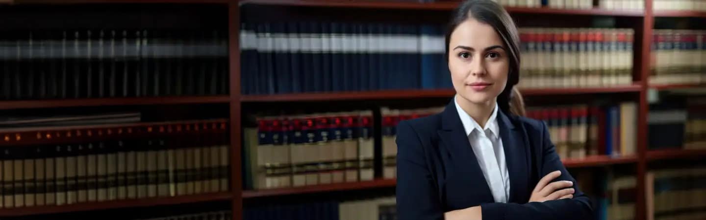 A confident woman in a suit stands with her arms crossed in front of shelves filled with books in a library or office.