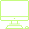 Green outline of a computer setup with a monitor, keyboard, and mouse on a green background.