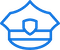 Blue and white emblem with a shield in the center, surrounded by curved lines, forming a stylized badge-like shape.