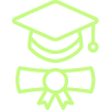 Green outline of a graduation cap above a rolled diploma with a ribbon.