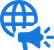 A blue icon of a megaphone and globe, symbolizing global communication or marketing.