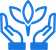 A blue abstract logo featuring two symmetrical hands holding a stylized leaf or floral design.