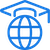 A blue icon of a graduation cap over a globe, symbolizing global education.