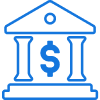 Blue icon of a classical building with a dollar sign on the front, representing a financial institution or bank.