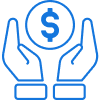 Two blue outlined hands cradle a coin with a dollar sign, symbolizing financial care or savings.
