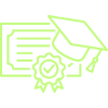 Green line art of a certificate, graduation cap, and ribbon with a checkmark, representing academic achievement.