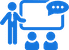 Icon of a person presenting to an audience with a speech bubble above a screen, symbolizing a presentation or lecture.