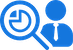 Blue icon depicting a magnifying glass with a chart and a person with an information symbol inside.