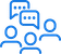 Blue icon depicting three people with speech bubbles above their heads, symbolizing group communication or discussion.