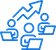 An icon showing three people with chat bubbles and an upward arrow, symbolizing communication and growth.