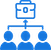 Blue icon showing a hierarchy with a central figure connected to three subordinate figures.