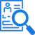 Blue icon of a magnifying glass overlaying a document with a person's silhouette.