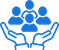 Blue icon of hands holding a group of people, symbolizing community support and teamwork.