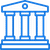 Blue line drawing of a classical building with columns and a triangular pediment, resembling a bank or government structure.