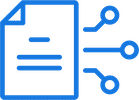 Blue digital document icon with lines of text and interconnected nodes branching off to the right.