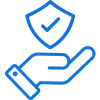 Blue icon of a hand holding a shield with a checkmark, representing security or protection.