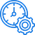 Two blue interlocking gears, with the larger one on the left and a smaller one on the right, symbolizing machinery or teamwork.