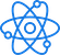 Blue atomic structure icon with a central nucleus and orbiting electrons, symbolizing science or technology.