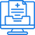 Icon of a desktop computer displaying an online form with several text fields, depicted in blue.