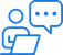 Blue icon of a person using a laptop with a speech bubble containing three dots, indicating communication or messaging.