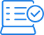 Blue icon of a computer screen with text lines and a checkmark symbol in front.