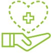 A green outline of a hand holding a heart shape with a medical cross inside it.