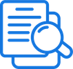 Blue icon showing a document with text lines and a magnifying glass overlay, indicating search or analysis.