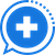 A blue speech bubble icon with a white medical cross inside it.