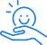 A blue stylized figure holds a circular object with a smiling face, suggesting care or support.