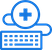 Blue icon of a computer keyboard with a magnifying glass above it, containing a medical cross symbol.