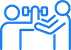 Abstract blue line art depicting three stylized human figures with one extending a hand towards the other two.