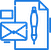 Blue icon featuring a pen, paper with text, envelope, and geometric shapes, symbolizing communication and documentation.