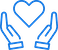 Blue icon of two hands forming an open shape with a heart in the center, symbolizing care and compassion.