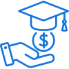 Line drawing of a graduation cap above a dollar sign, with an open hand underneath.